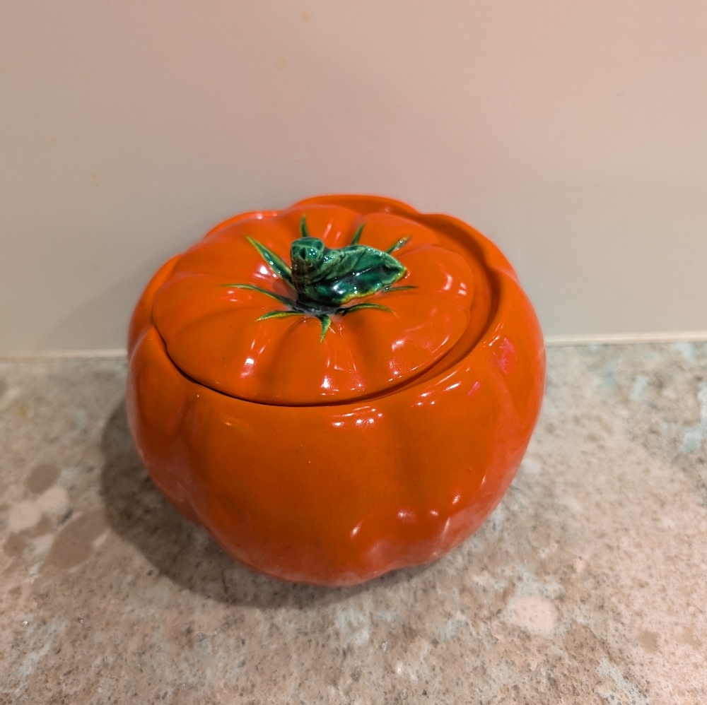 Vintage Pumpkin Tomato Sugar Bowl With Lid Made in Occupied Japan